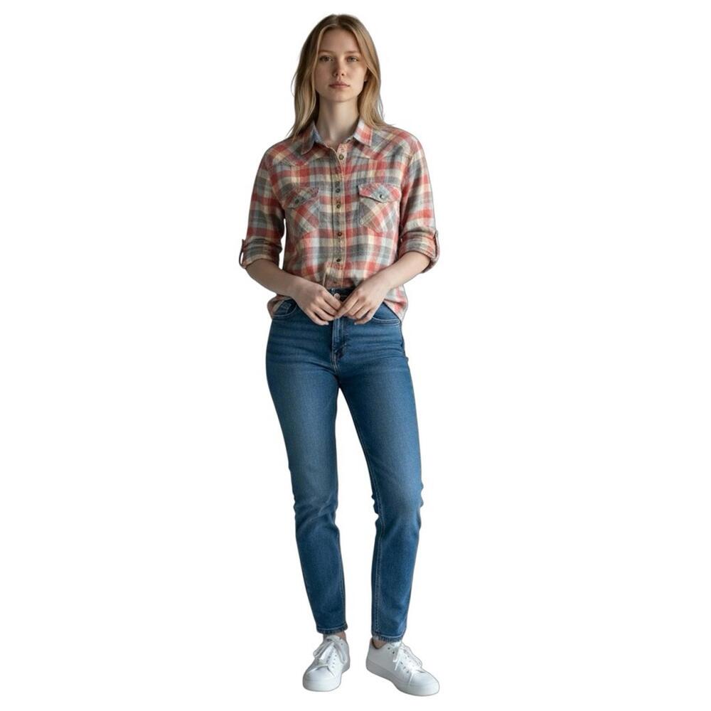JACHS Girlfriend Western Bea Flannel Plaid Snap Button Down Shirt Red Blue Sz M - Picture 5 of 9
